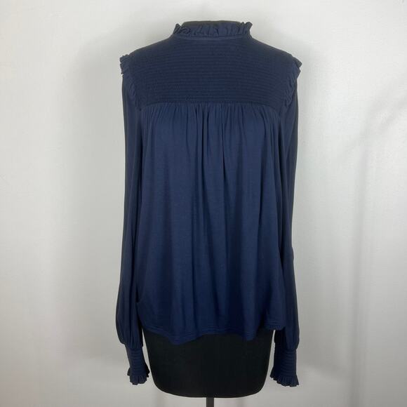 Boden Navy Blue Long Sleeve Blouse Ruffle Smock High Neck - Picture 5 of 11
